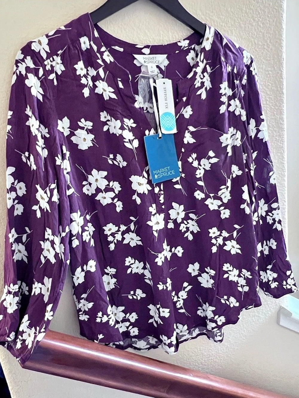Market & Spruce Boho Plum & White Floral Blouse  Size Large NWT